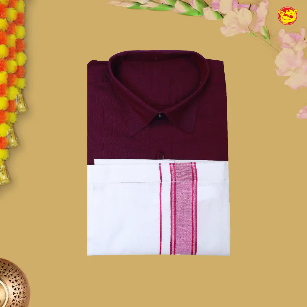 Maroon Oak with White Cotton Boy’s Readymade Shirt And Dhoti Set