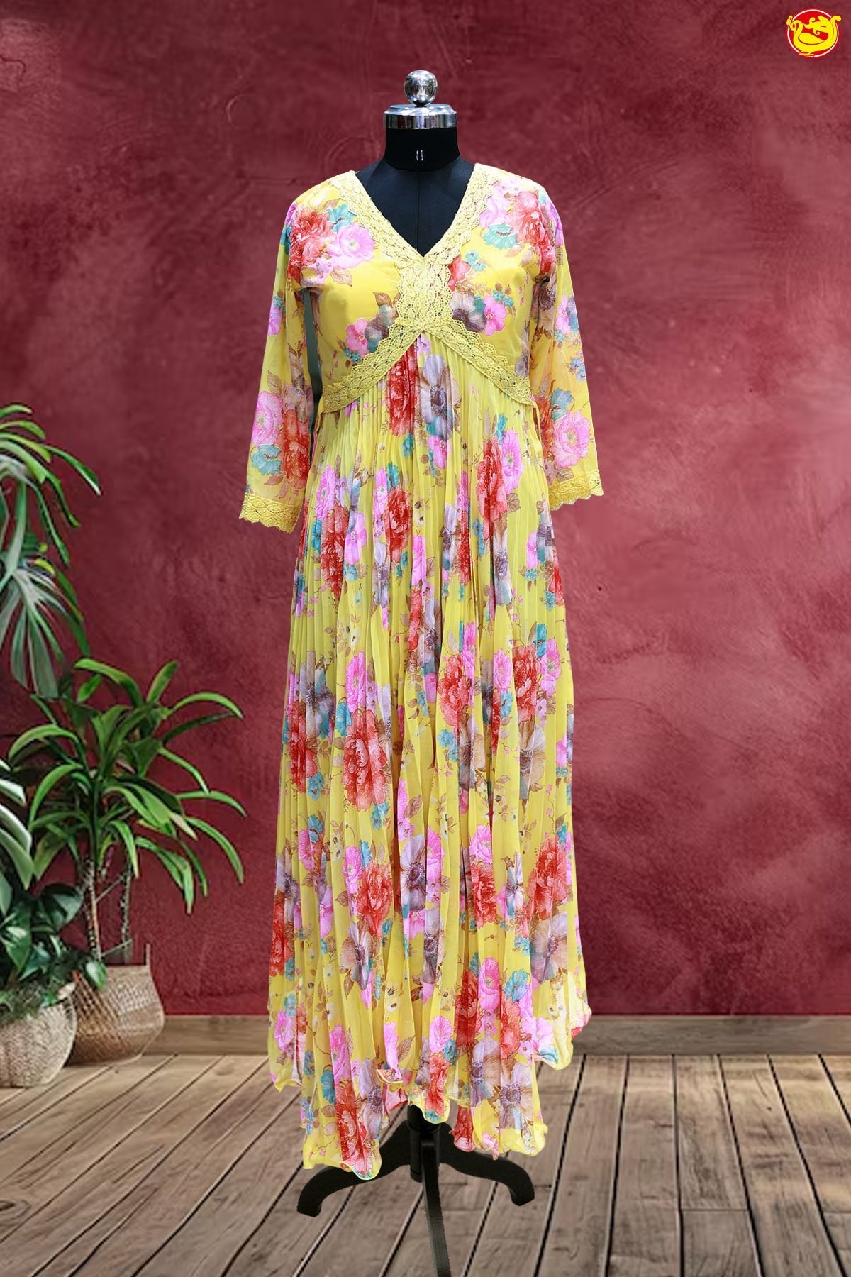 Yellow with colour Floral Motifs aliya cut work Ladies Branded Readymade Maxi Top