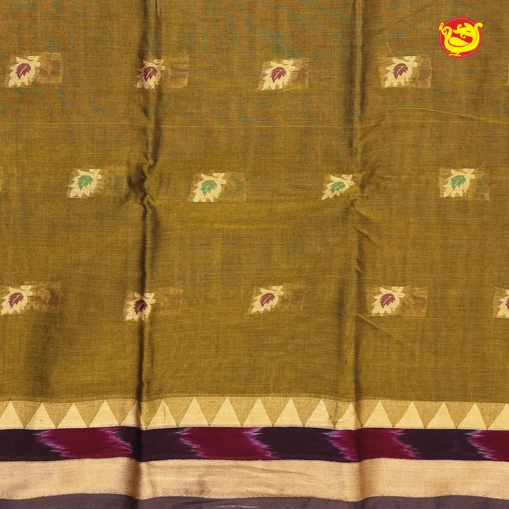 Olive Green with Brown Pure Bengal Cotton Saree without Blouse