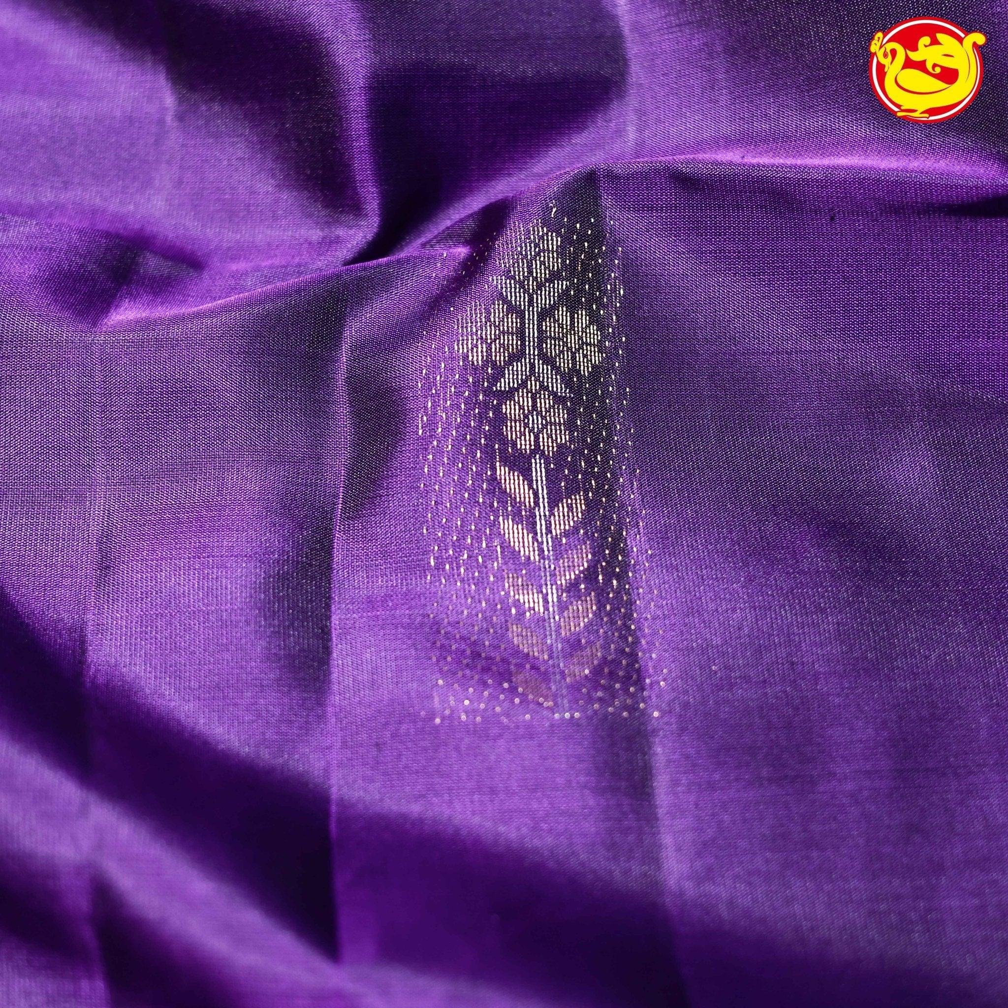 Violet with Grey Ikat Floral Buttas Silver and Gold Zari Floral Motifs Pallu Pure Kanjivaram Soft Silk Saree - Thenianantham