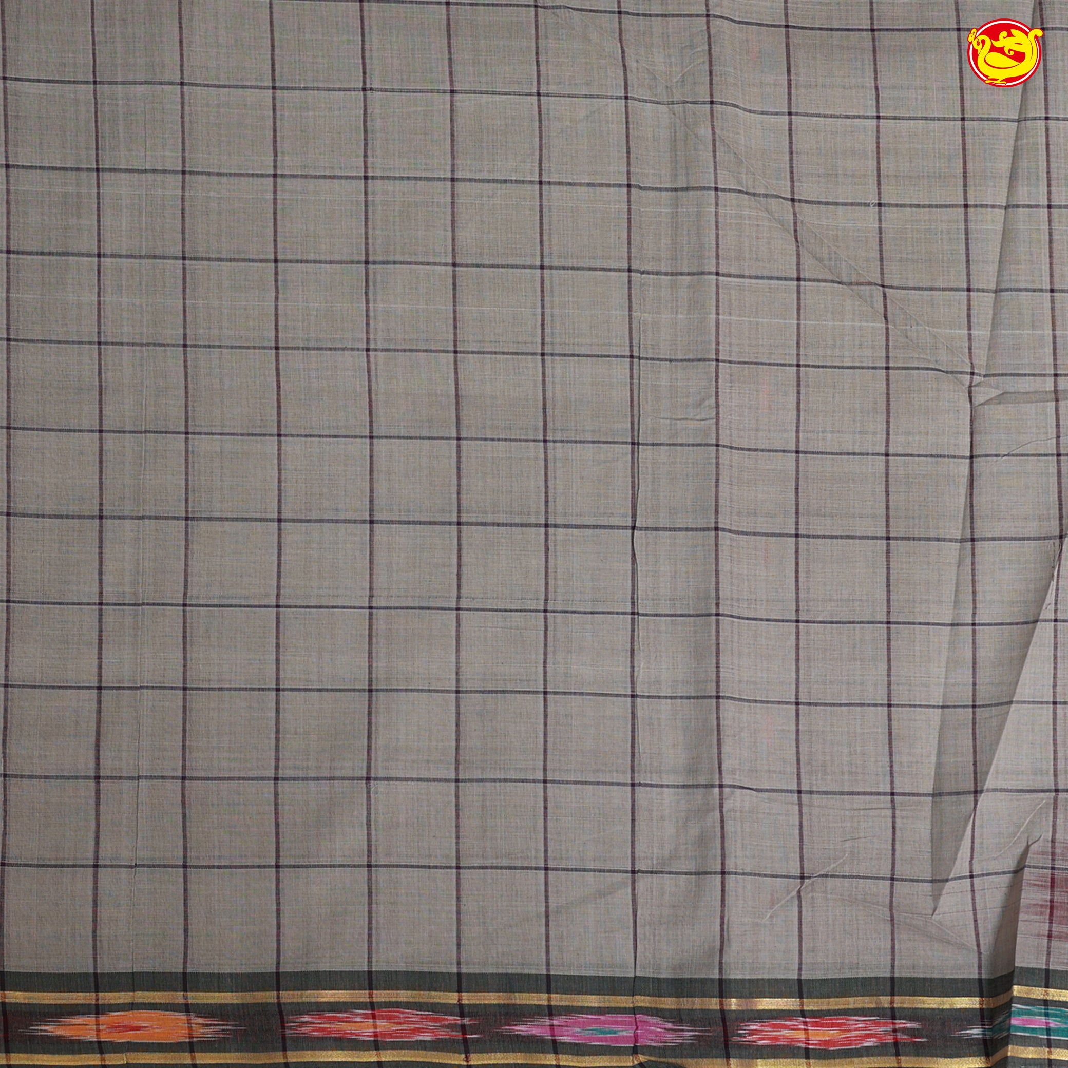 Grey with Dark Maroon Checked Venkatagiri  Pure Cotton Saree without Blouse