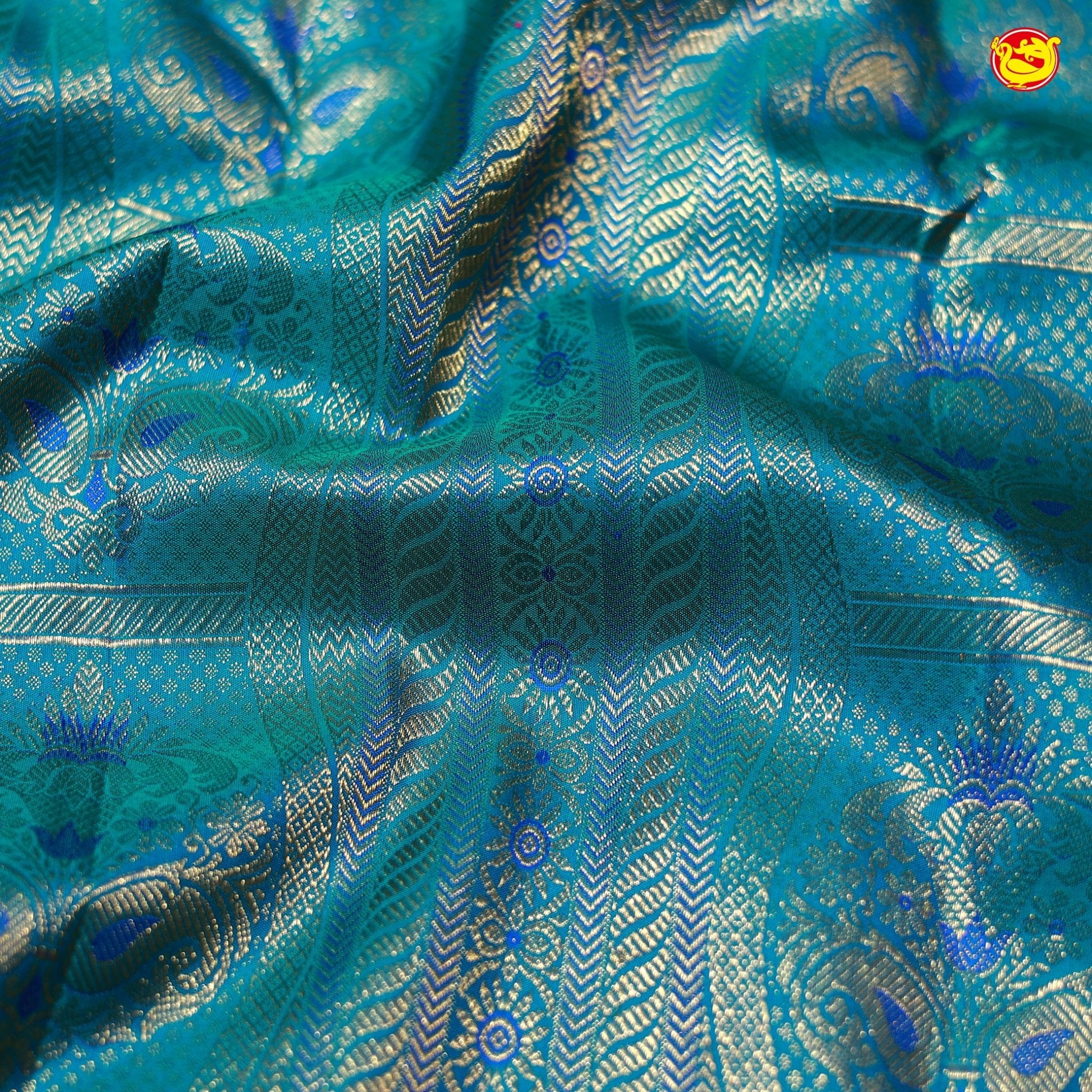 Sky Blue Mango Motifs Gold Zari Mango Floral Border Wedding Silk Saree - Thenianantham