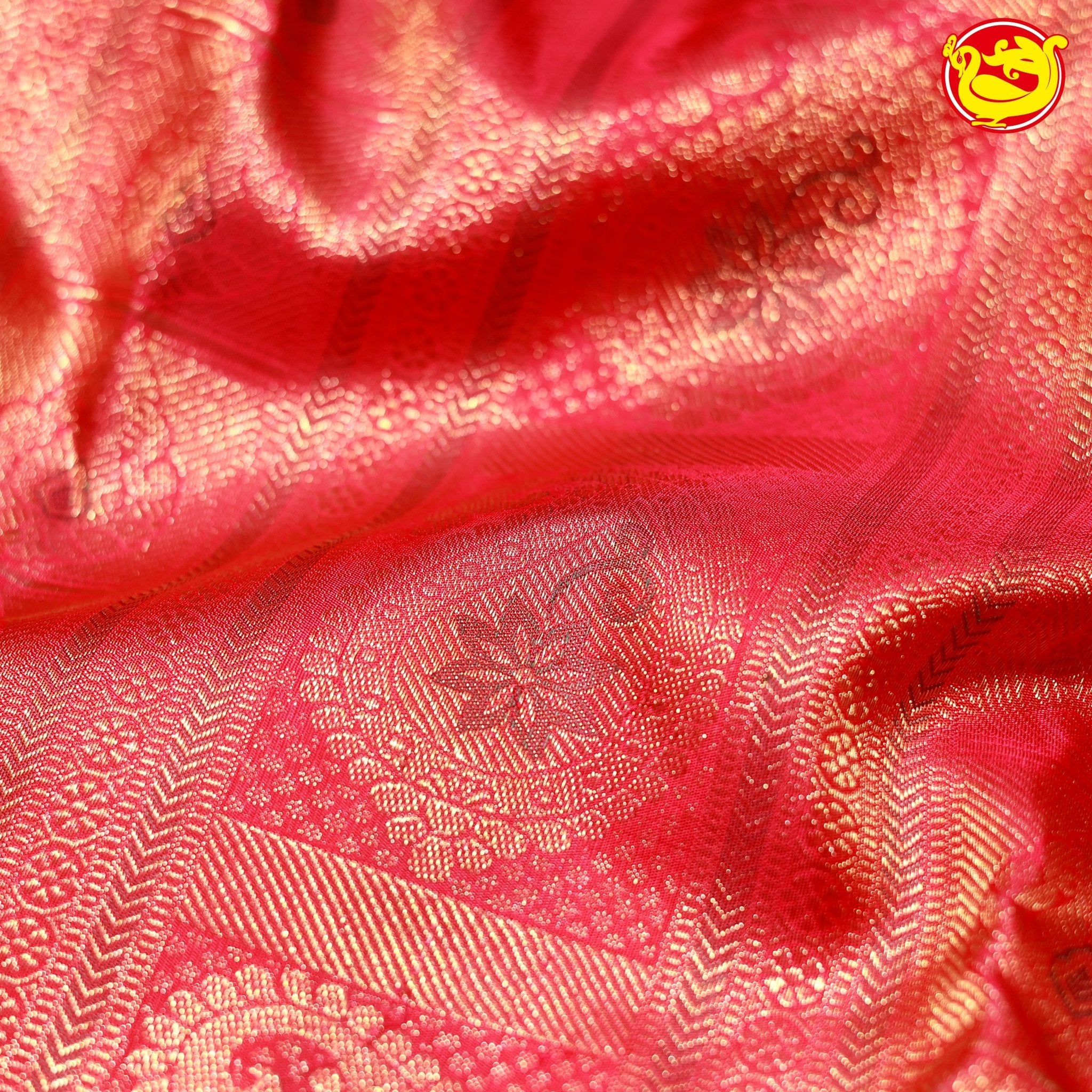 Ruby Red Mango Floral Motifs Gold Zari Long Border Pure Kanjivaram Subhalaya Wedding Silk Saree - Thenianantham