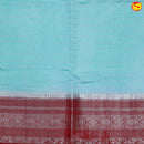 Ice Blue Horizontal Strips Motifs Silver Zari Floral Border Raw Silk Saree with Double Blouse - Thenianantham