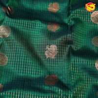 Bottle Green Checked Round Buttas Gold Zari Pure Kanjivaram Soft Silk Saree - Thenianantham