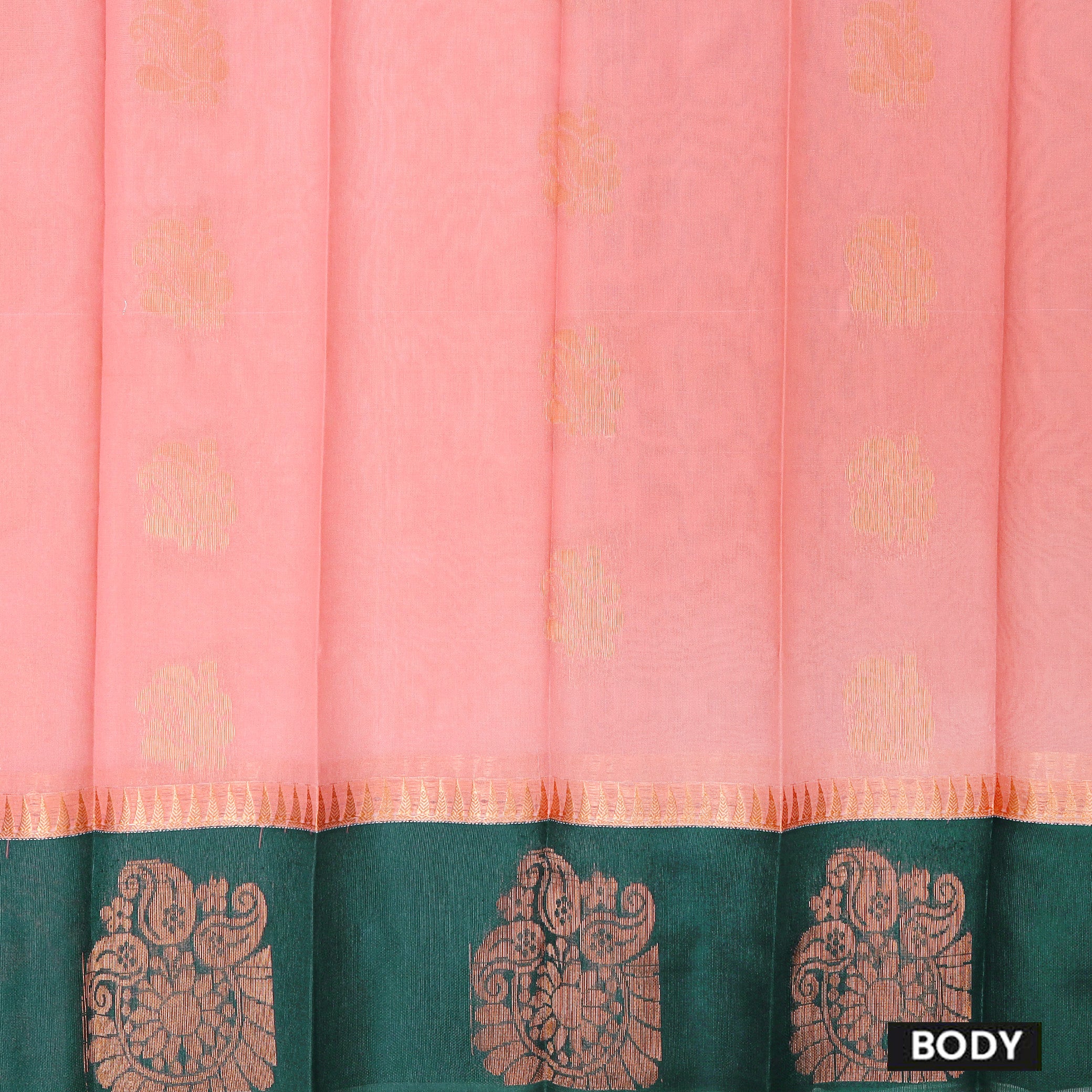 Peach  With Dark Green Silk Cotton Saree