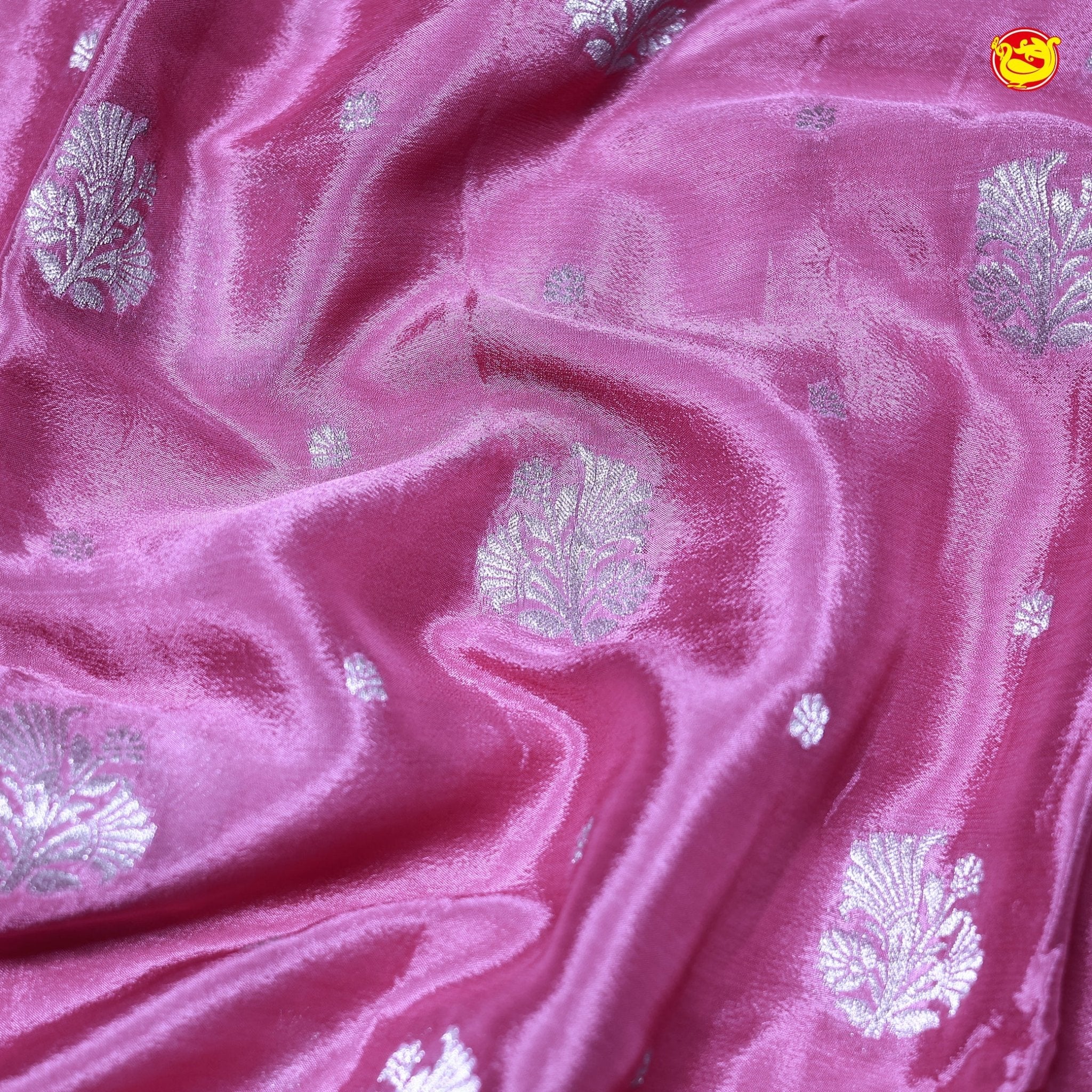 Party Pink Buttas Motifs Silver Zari Rich Pallu with Floral Border Georgette Saree - Thenianantham