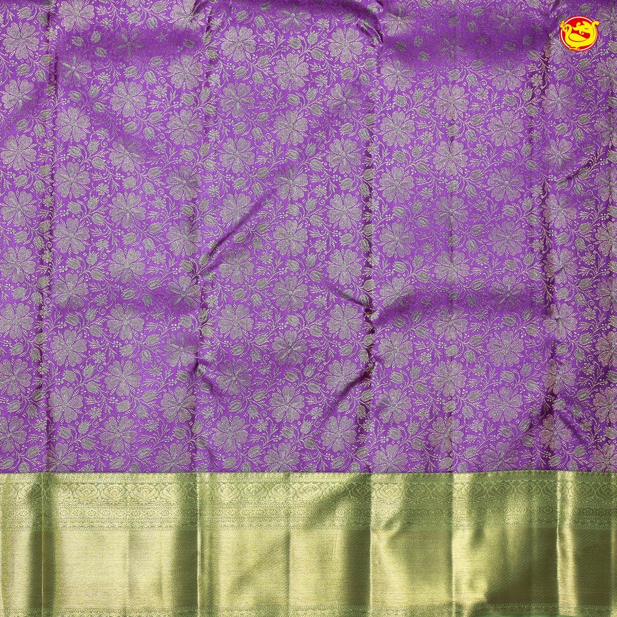 Purple Green Jacquard Gold Zari Floral Long Border Wedding Silk Saree - Thenianantham