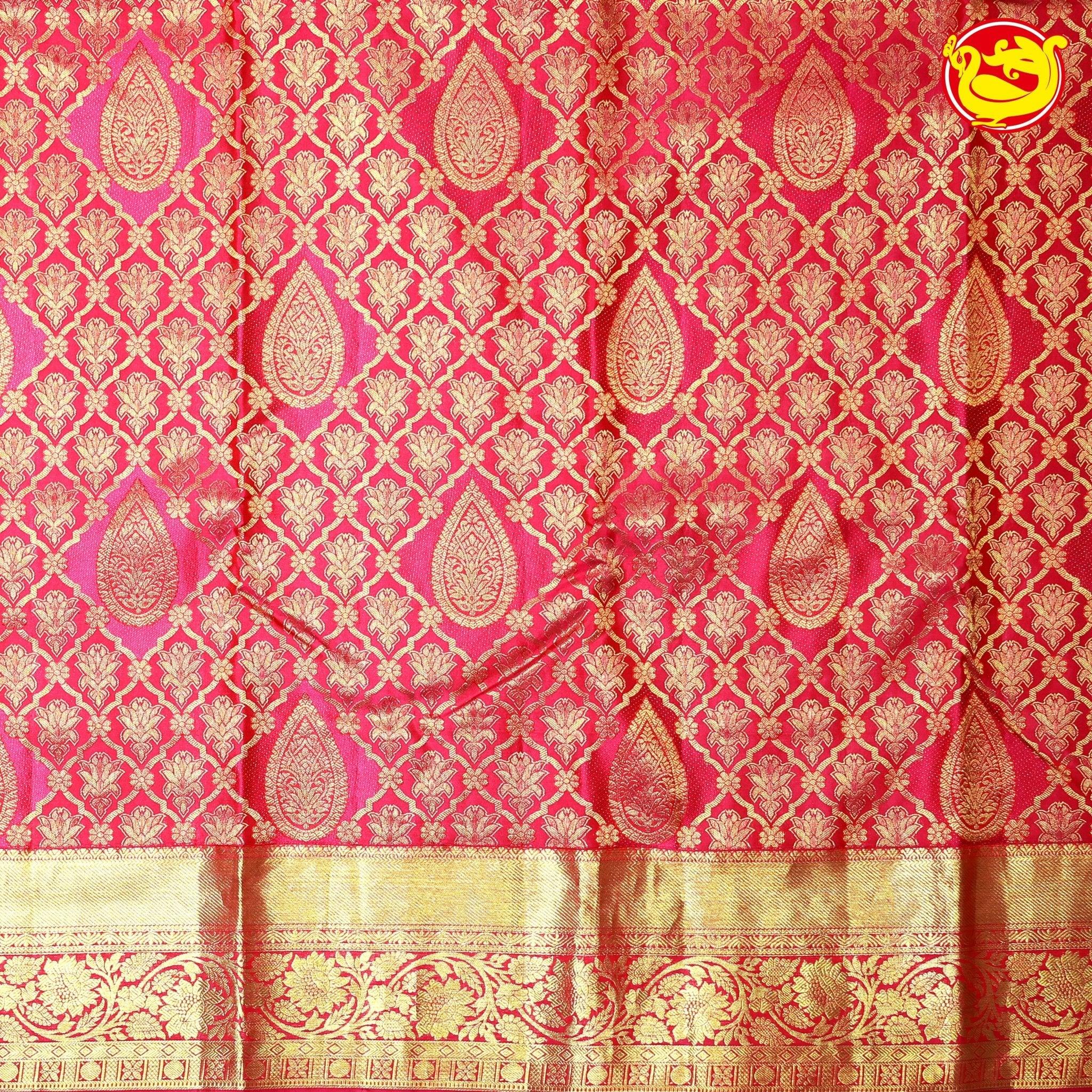 Red Rose Mango Motifs Gold zari Floral Border Pure Kanjivaram Wedding Silk Saree - Thenianantham