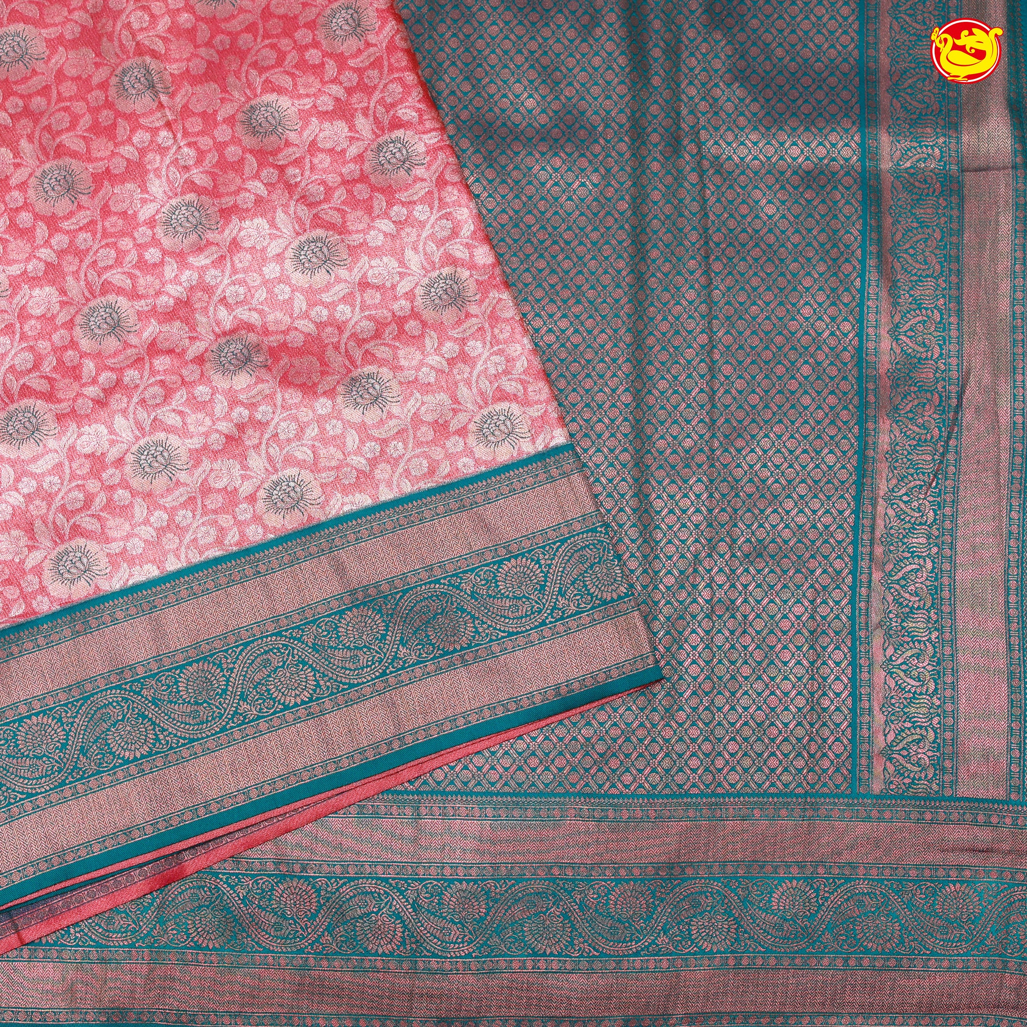 Pink with Teal Green Floral Motifs Soft Tissue Silk Saree