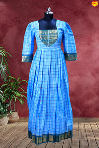 Blue with Checked Ladies Branded Readymade Chettinad Cotton Pleated Gown