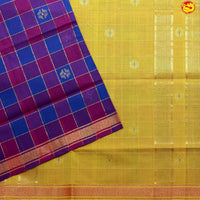 Ink Blue with Maroon Checked Gold Zari Border Yellow Floral Pallu Venkatagiri Pure Cotton without Blouse - Thenianantham