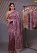 Purple With Cutwork Border With Zari Handwork Floral Design Tissue Crush saree - Thenianantham