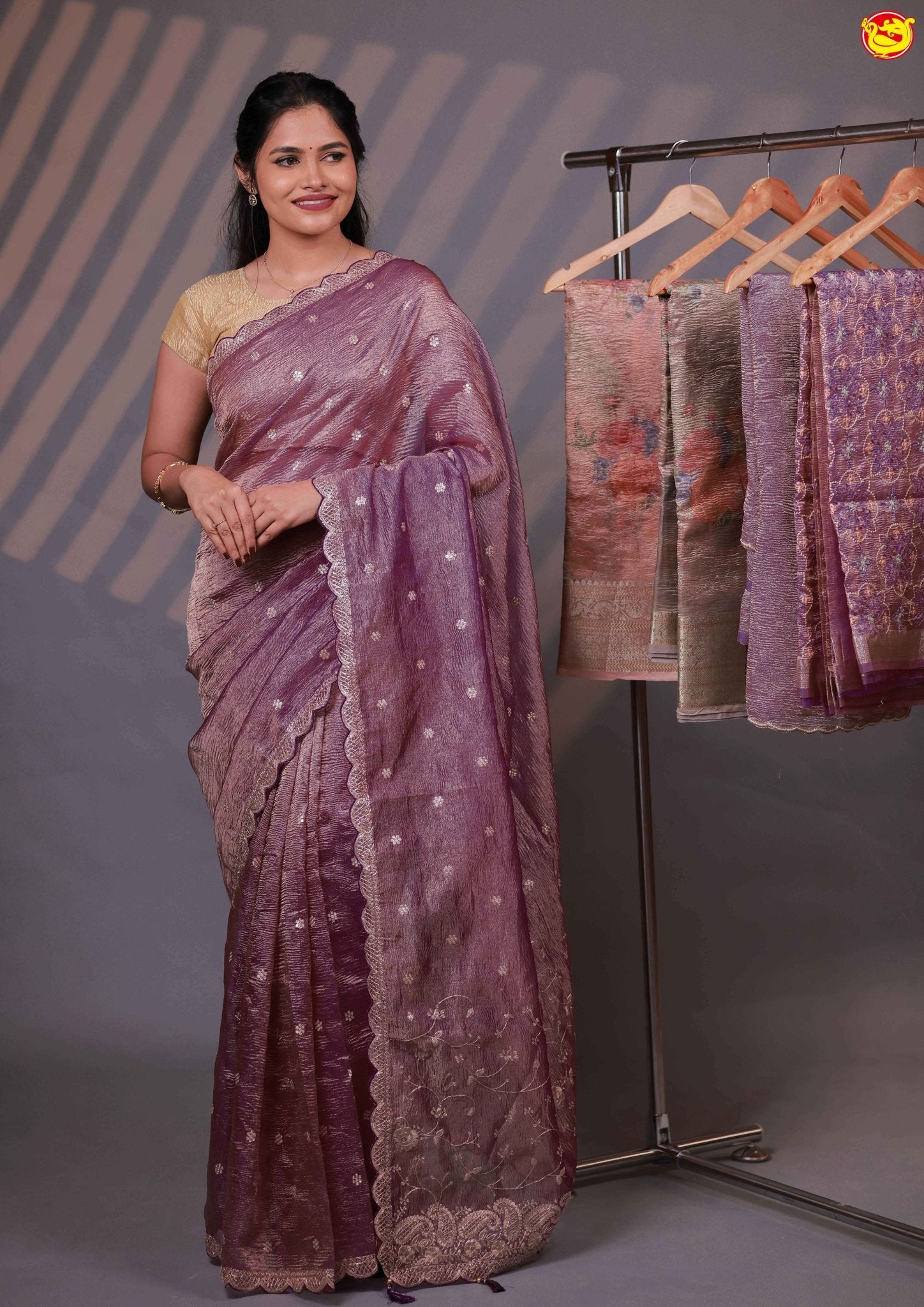 Purple With Cutwork Border With Zari Handwork Floral Design Tissue Crush saree