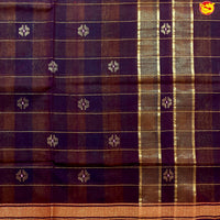 Green and Yellow Checked Gold Zari Border Brown Floral Pallu Venkatagiri Pure Cotton without Blouse - Thenianantham