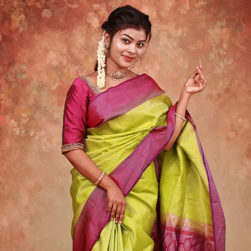 Lime Green With  Dark Purple Silver Zari Border Yuvana Semi Soft Silk Saree