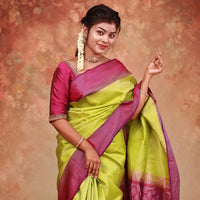 Lime Green With  Dark Purple Silver Zari Border Yuvana Semi Soft Silk Saree
