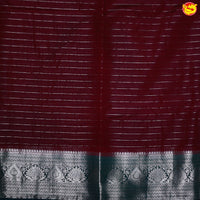 Coffee Brown Horizontal Strips Motifs Silver Zari Traditional Floral Border Raw Silk Saree with Double Blouse - Thenianantham