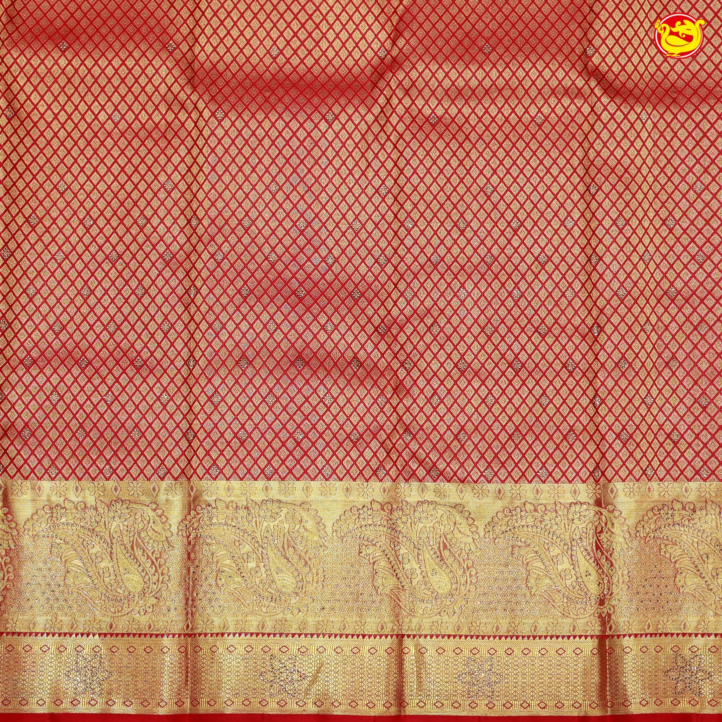 Tomato Red with Golden Stone Work Gold Zari Border Wedding Silk Saree