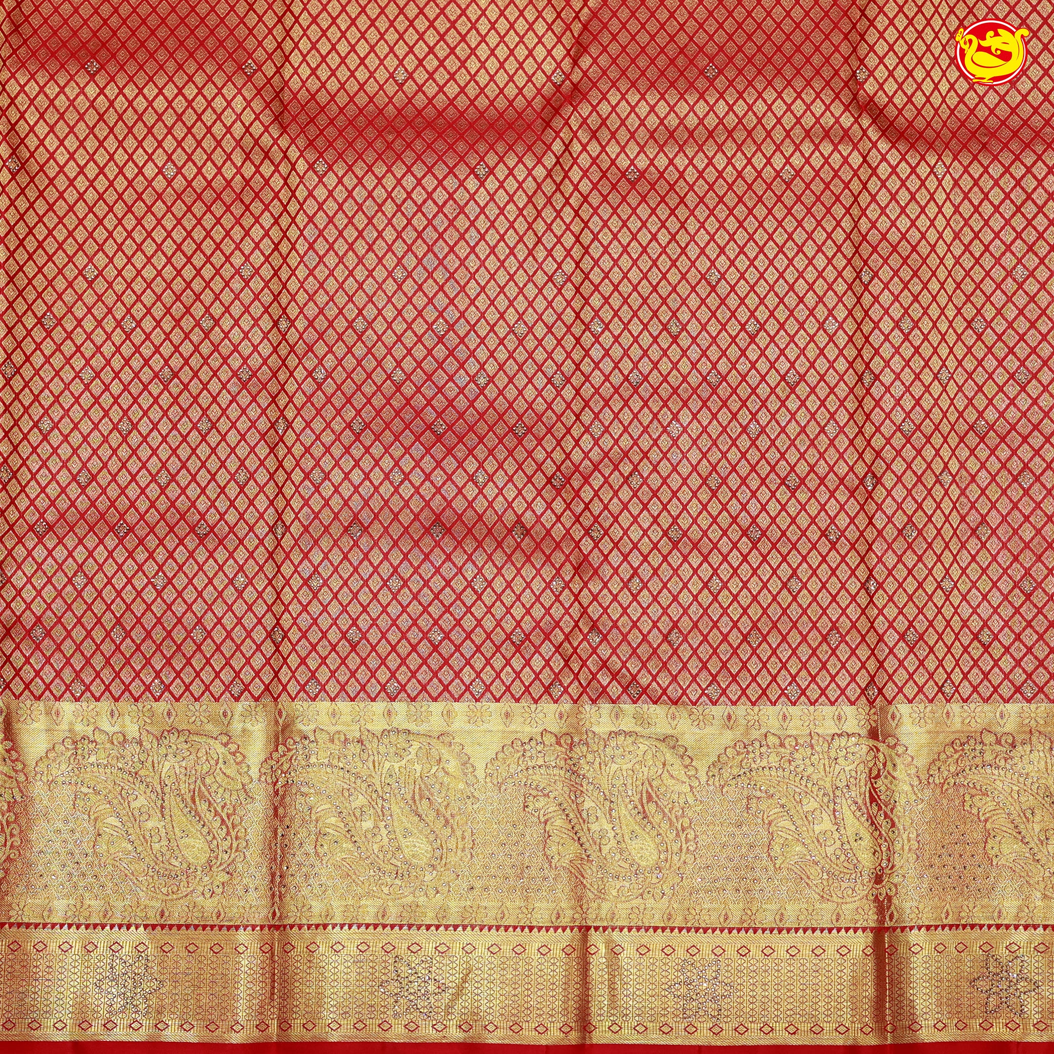 Tomato Red with Golden Stone Work Gold Zari Border Wedding Silk Saree