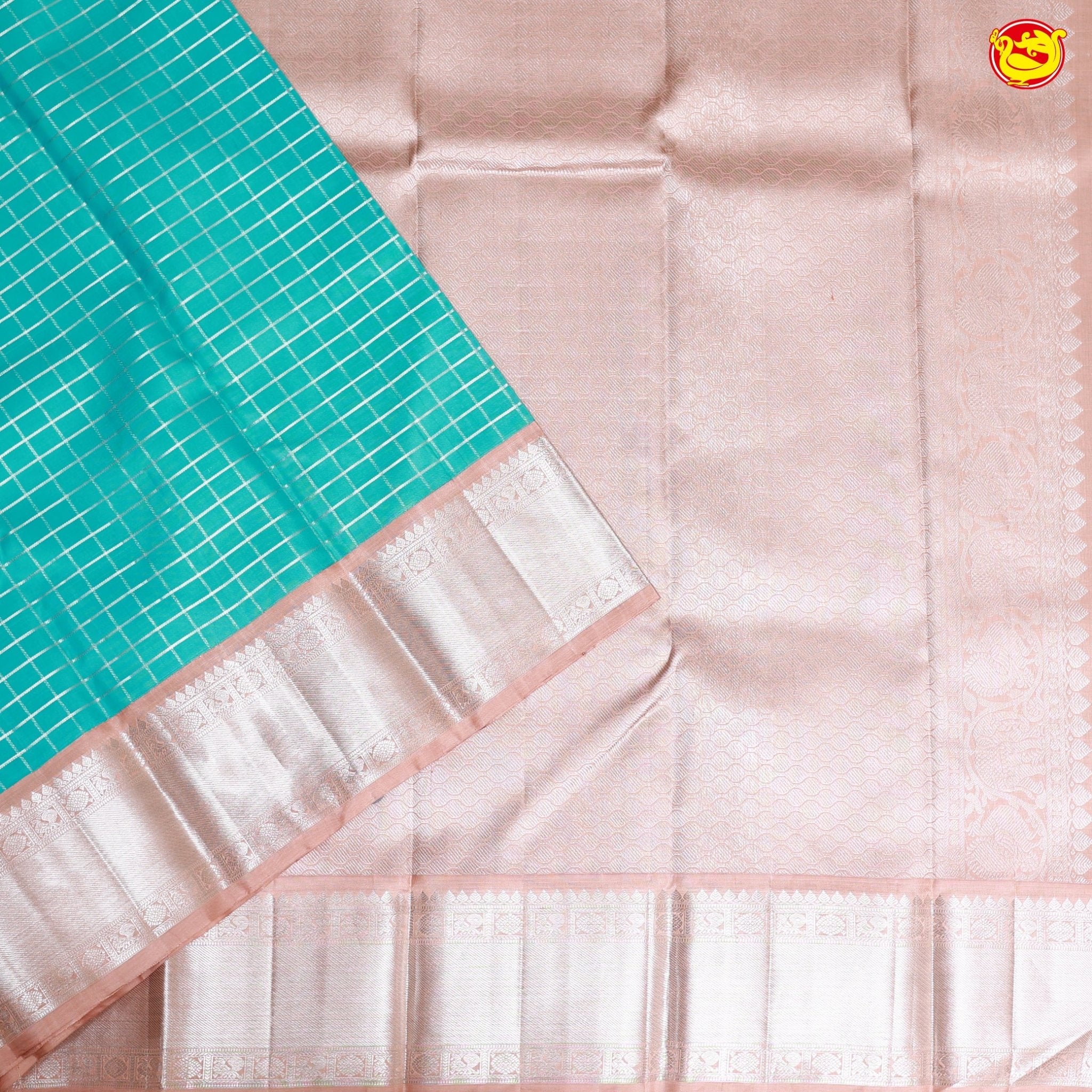 Aqua Blue with Pastel Brown Checked Motifs Soft Silk Saree
