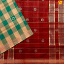 Peach with Green Checked Gold Zari Border Maroon Floral Pallu Venkatagiri Pure Cotton without Blouse - Thenianantham