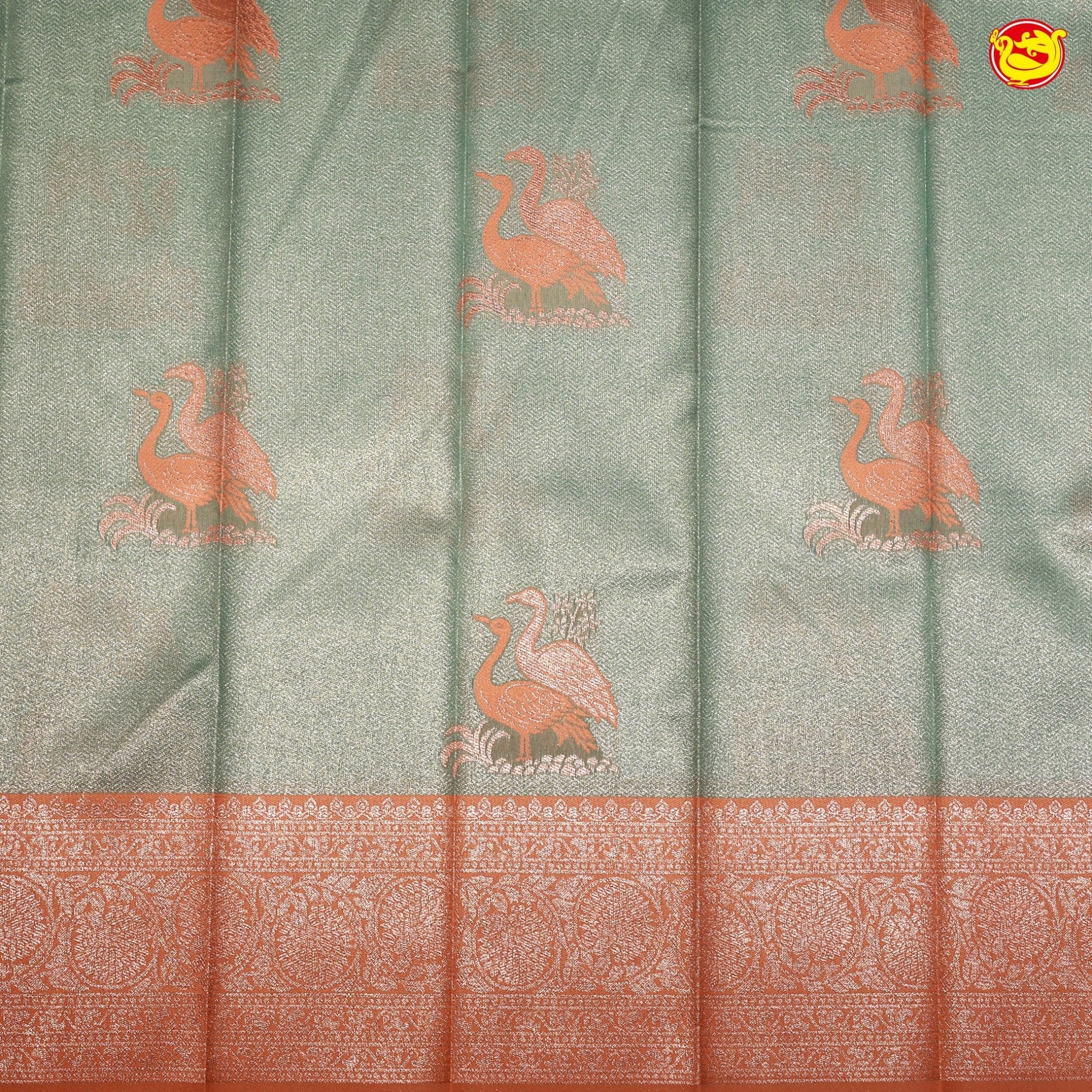 English Grey with Peach Flamingo Motifs Kubera Pattu Saree - Thenianantham