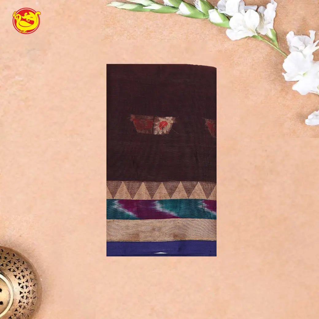 Dark Brown with Blue Pure Bengal Cotton Saree without Blouse