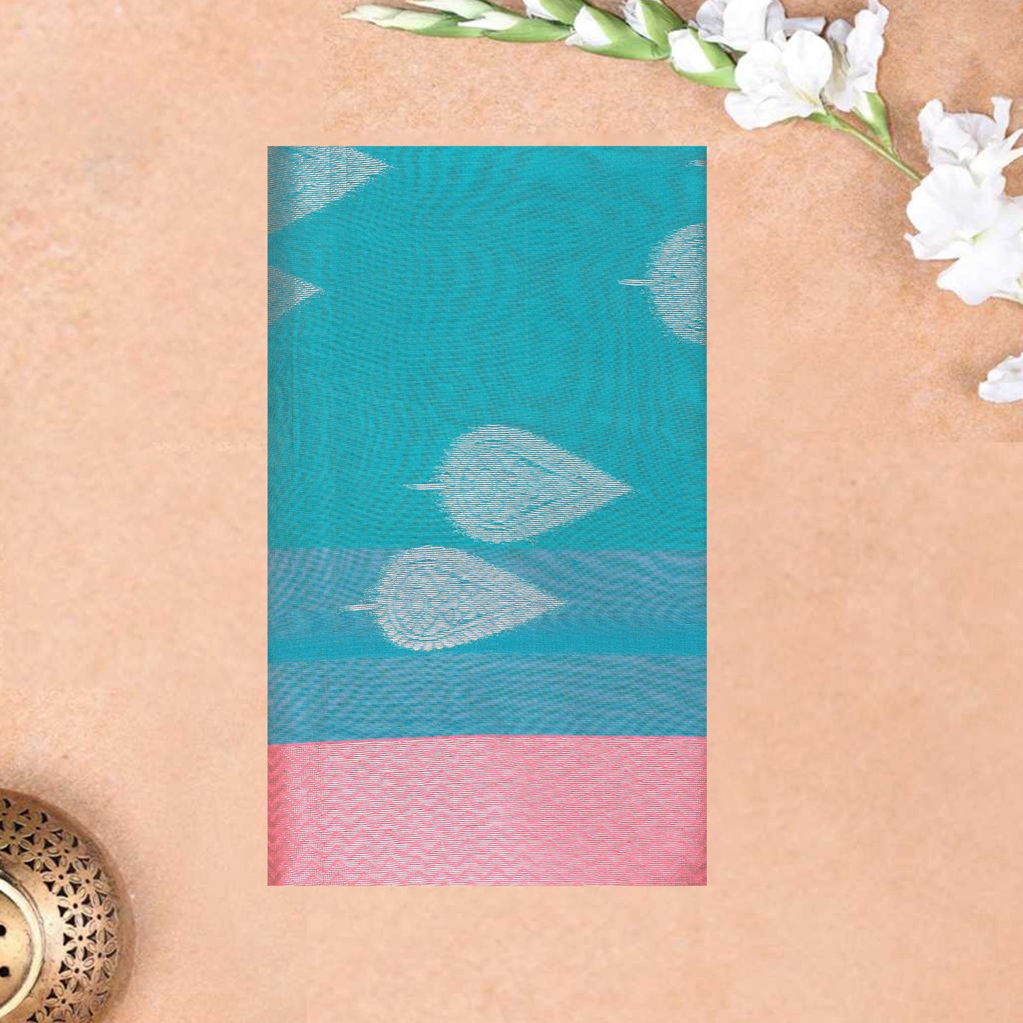 Turquoise Blue With  Pink  Silk Cotton Saree