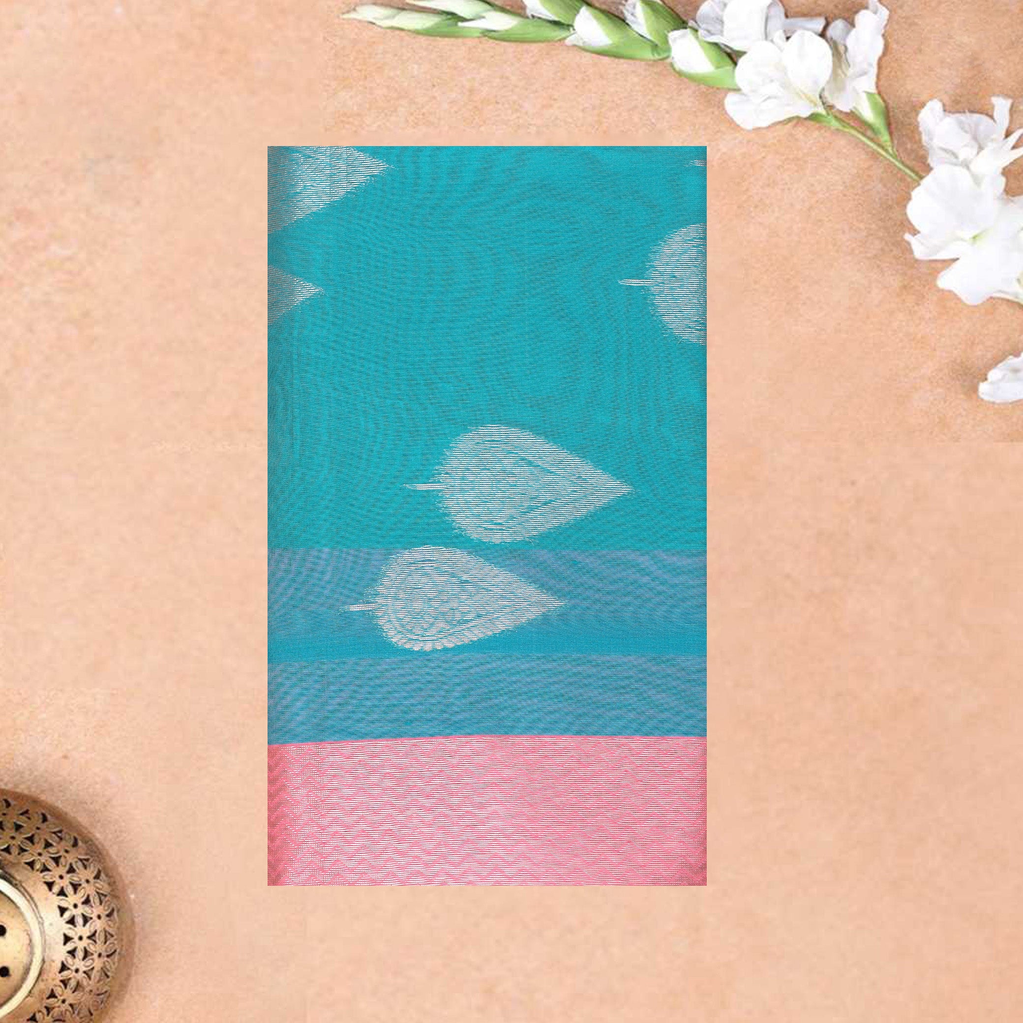 Turquoise Blue With  Pink  Silk Cotton Saree