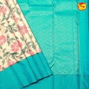 Creamy Sandal with Rama Green Hibiscus Floral Motifs Gold Zari Border Kanjivaram Soft Silk Saree - Thenianantham