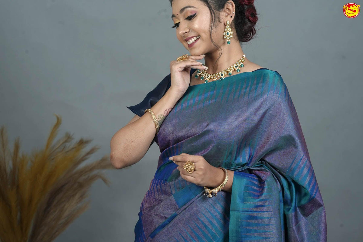 Peacock blue with pink zari Soft silk saree