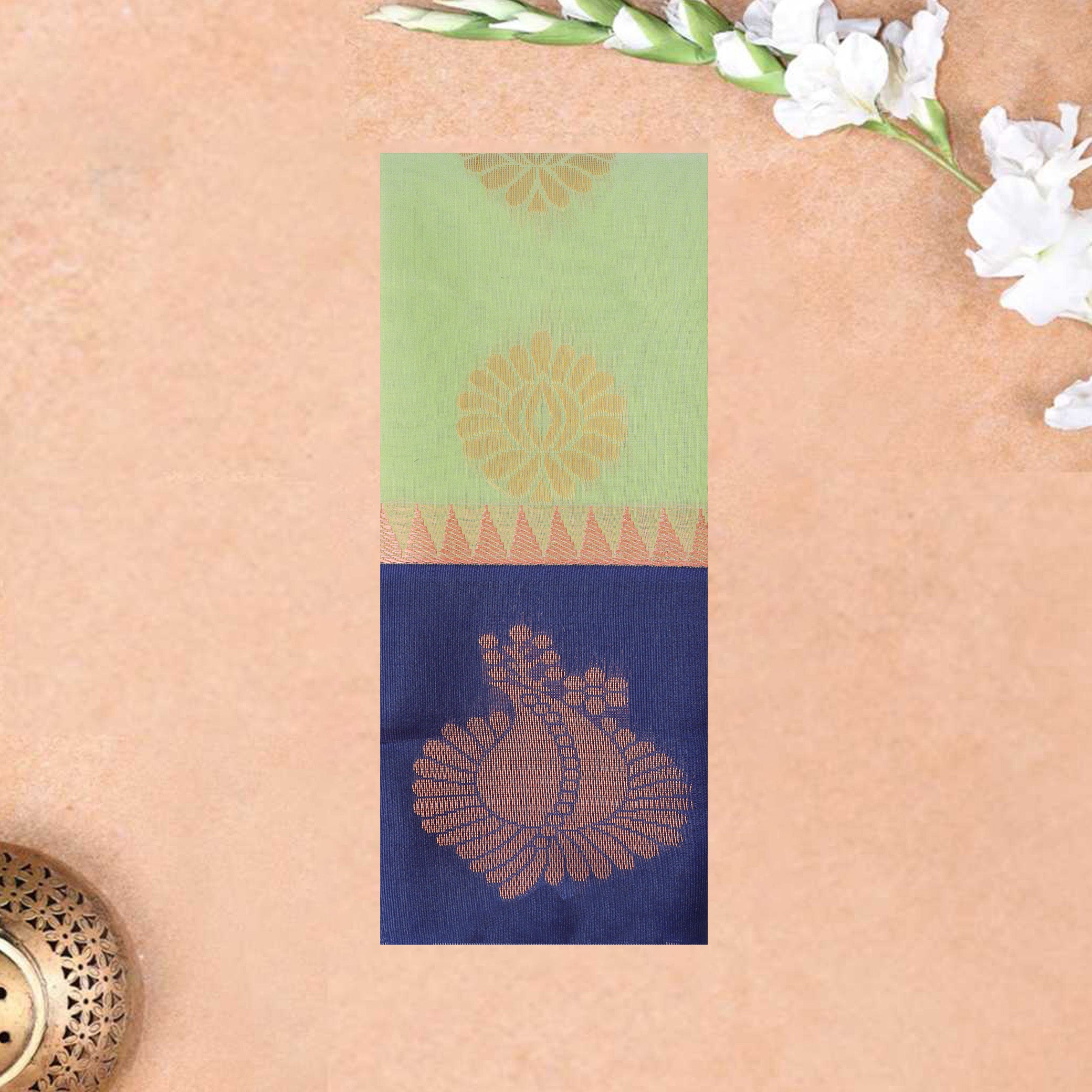 Green With  Blue  Border Silk Cotton Saree