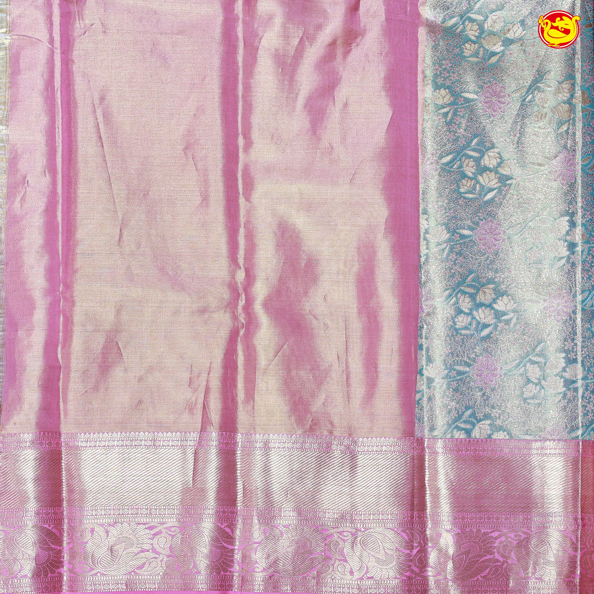 Water Blue with Pink Traditional Tissue Wedding Silk Saree