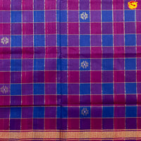 Ink Blue with Maroon Checked Gold Zari Border Yellow Floral Pallu Venkatagiri Pure Cotton without Blouse - Thenianantham