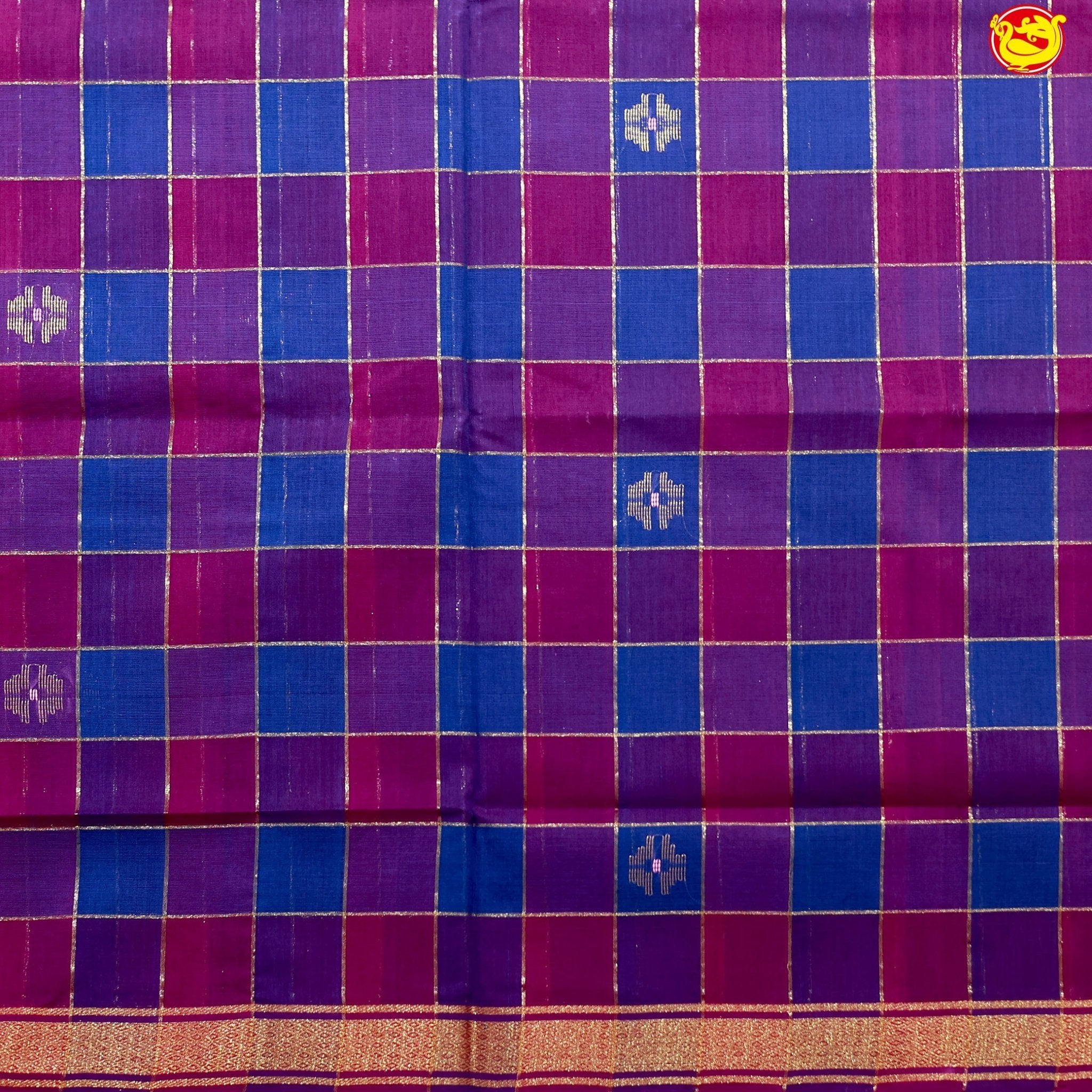 Ink Blue with Maroon Checked Gold Zari Border Yellow Floral Pallu Venkatagiri Pure Cotton without Blouse - Thenianantham