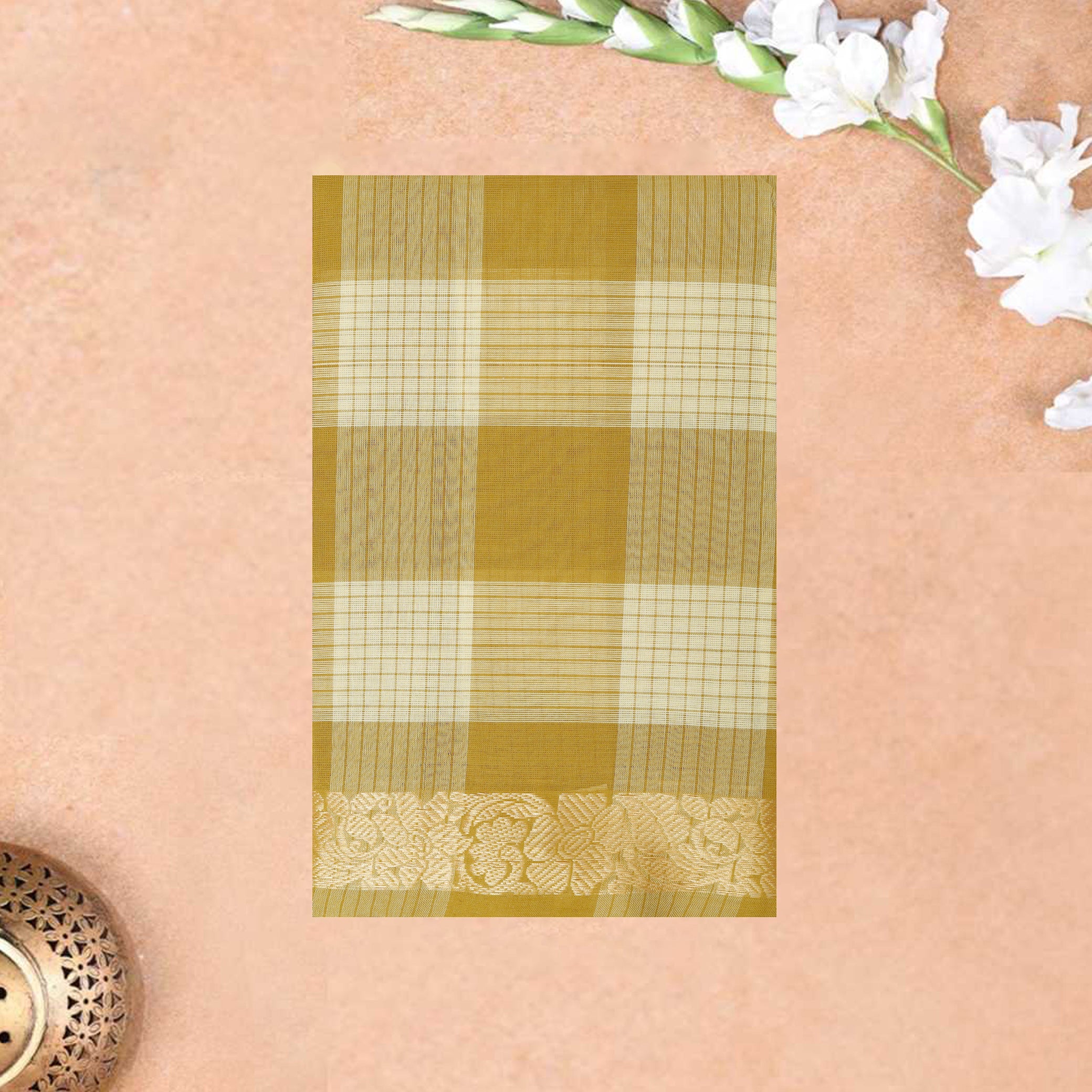 Yellow – Brown Small Checked Pattern Pure Chettinad Cotton Saree without Blouse