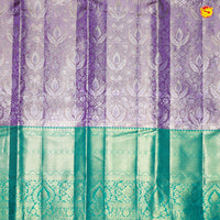 Purple Green Floral print Tissue Silver Zari Floral Long Border Kanjivaram Wedding Silk Saree