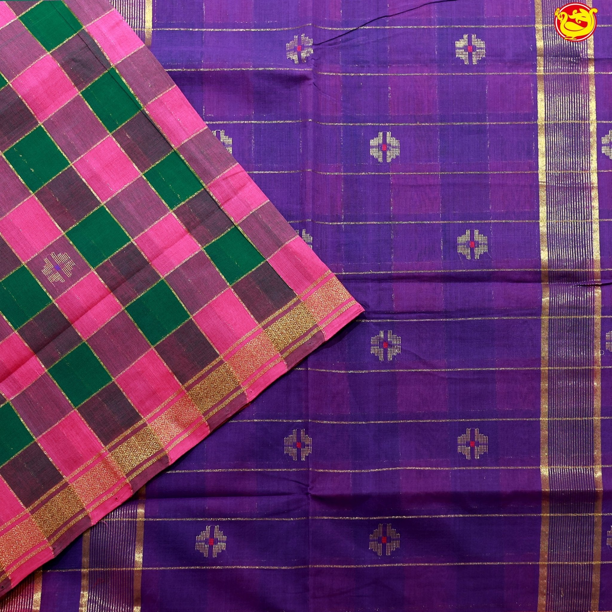 Pink with Green Checked Gold Zari Border Lavender Floral Pallu Venkatagiri Pure Cotton without Blouse