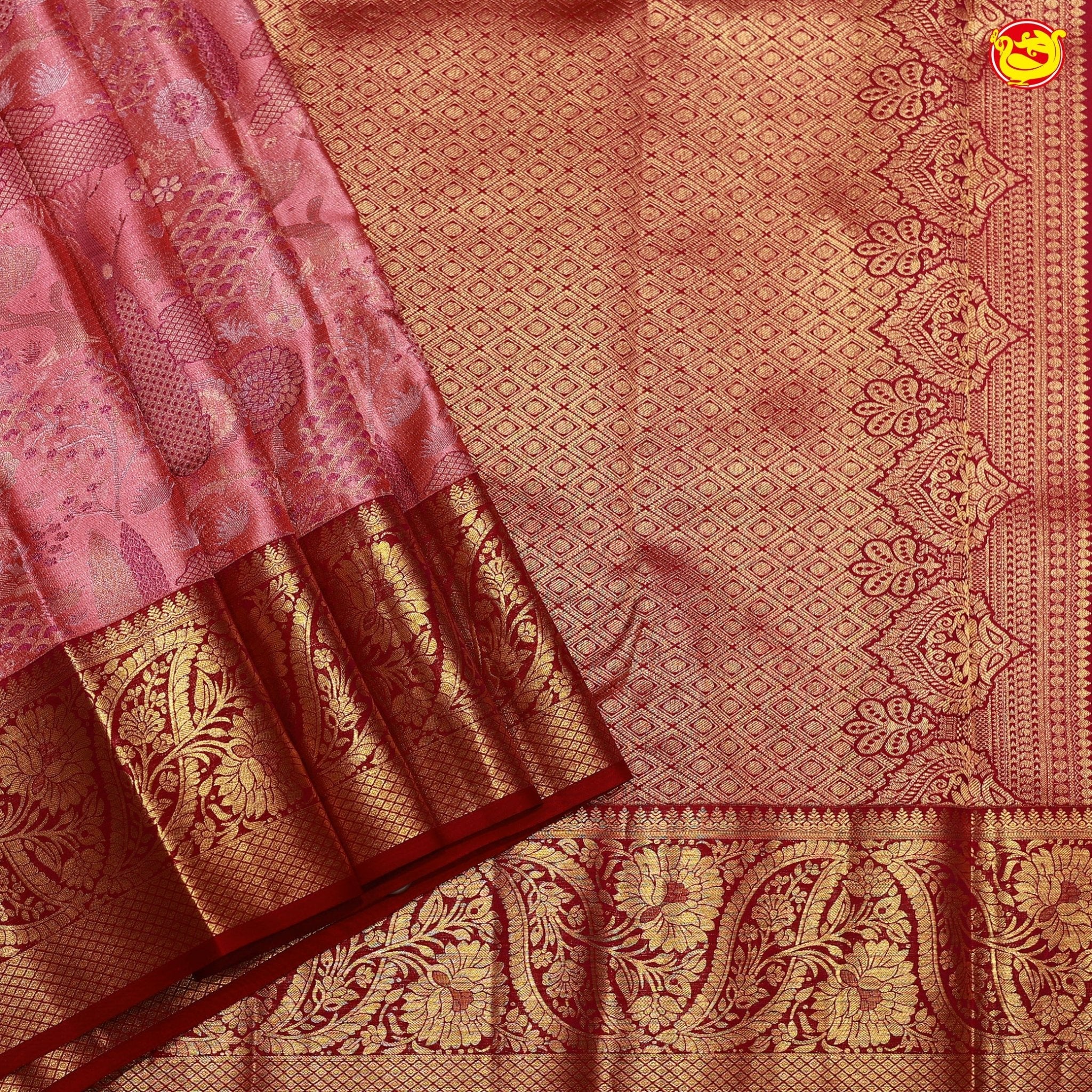 Pink Floral Motifs Tissue Wedding Silk Saree