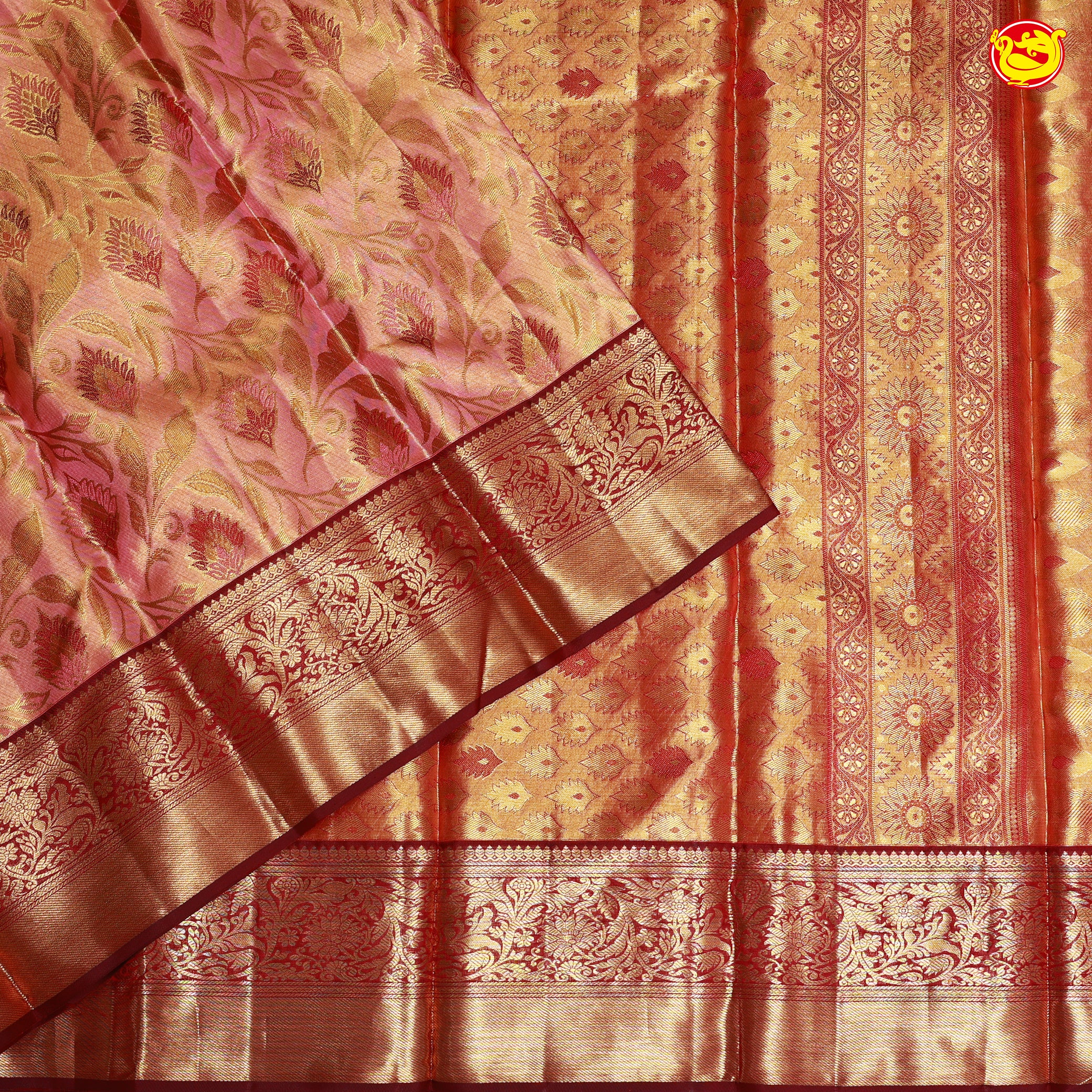 Honey Brown Floral Motifs Tissue Wedding Silk Saree