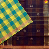 Green and Yellow Checked Gold Zari Border Brown Floral Pallu Venkatagiri Pure Cotton without Blouse - Thenianantham