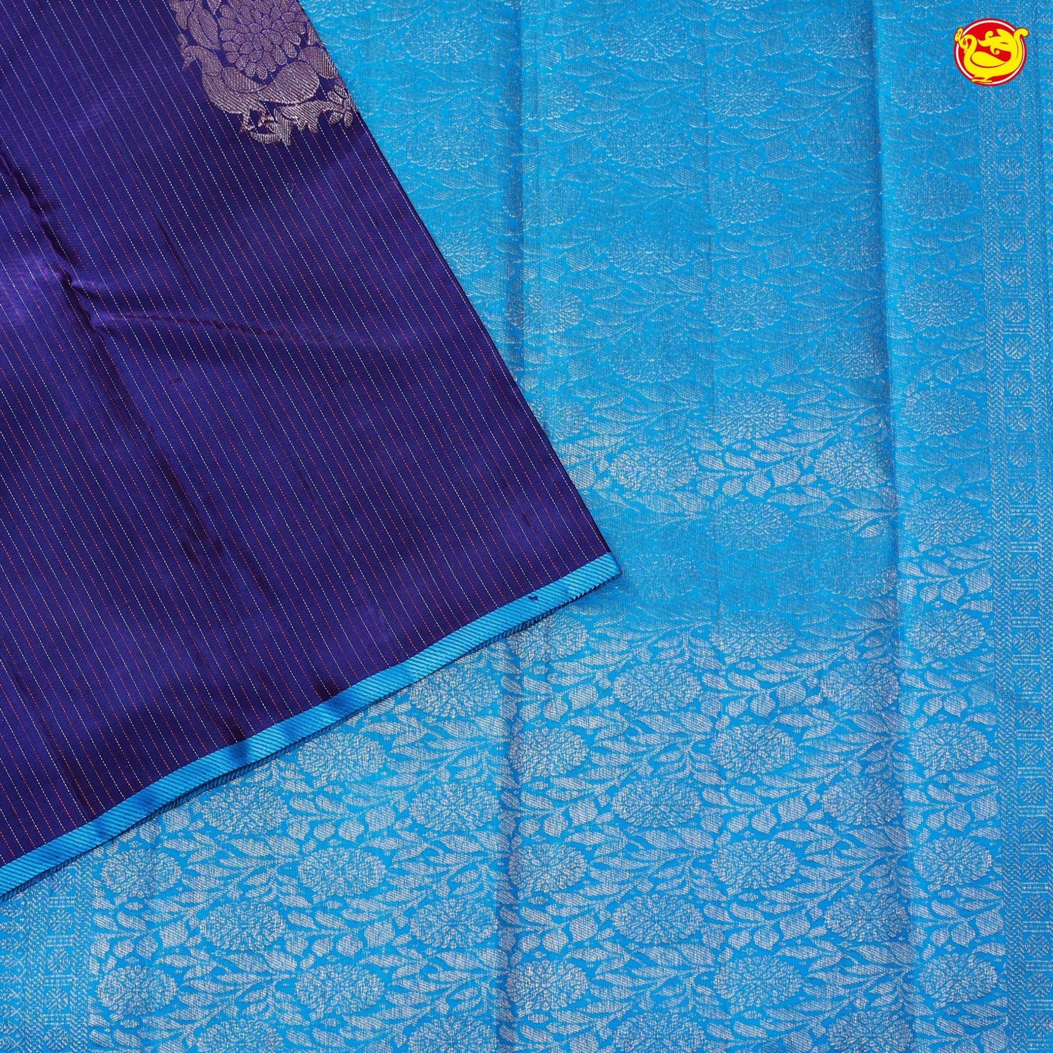 Royal Blue with Sky Blue Floral Motifs Soft Silk Saree - Thenianantham