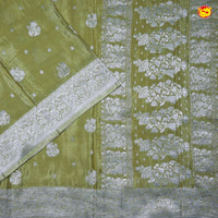 Mehandi Green Buttas Motifs Silver Zari Rich Pallu with Floral Border Georgette Saree - Thenianantham