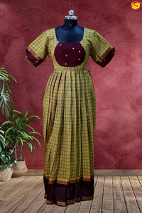 Olive Green with Brown Ladies Branded Readymade Chettinad Cotton Pleated Gown
