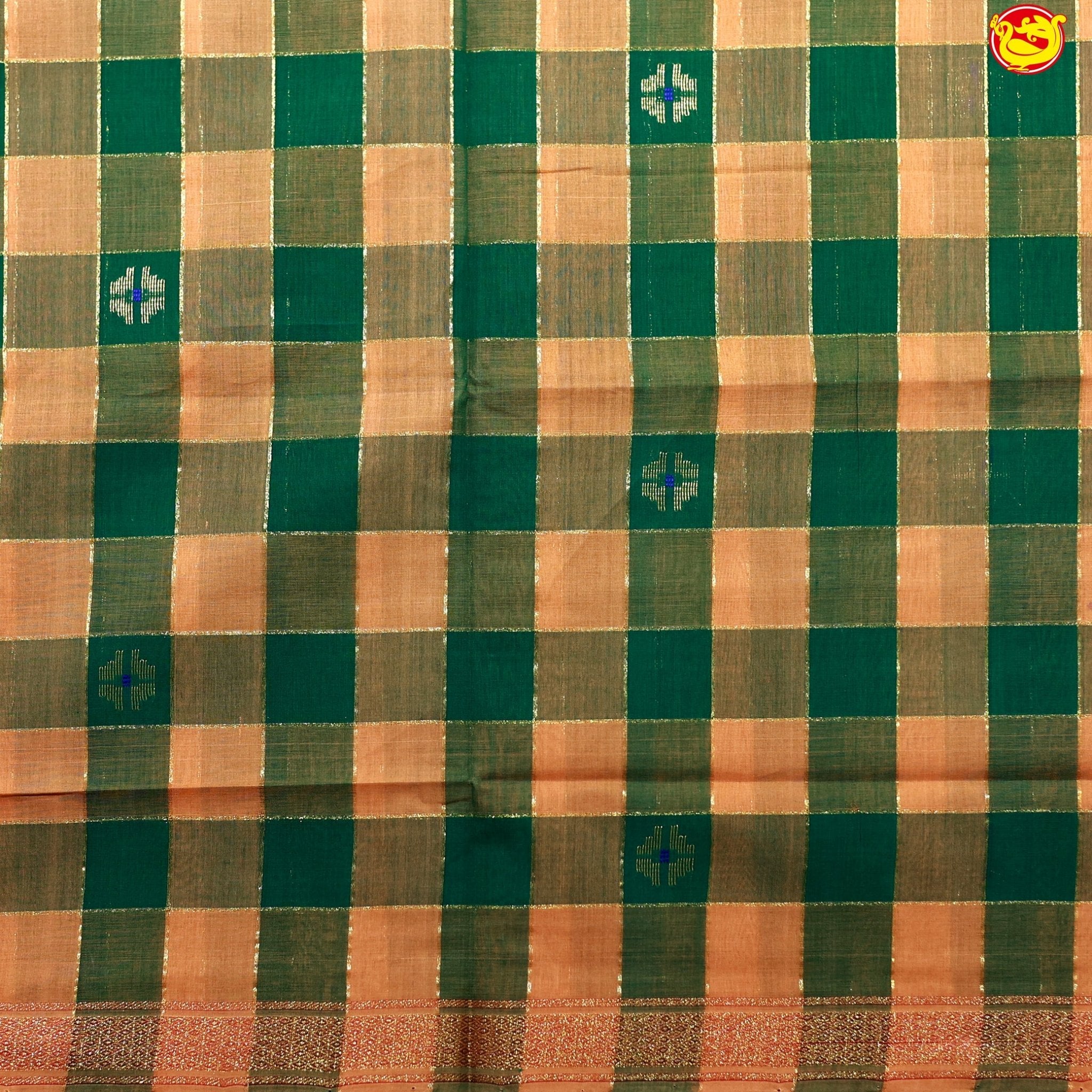 Peach with Green Checked Gold Zari Border Maroon Floral Pallu Venkatagiri Pure Cotton without Blouse - Thenianantham