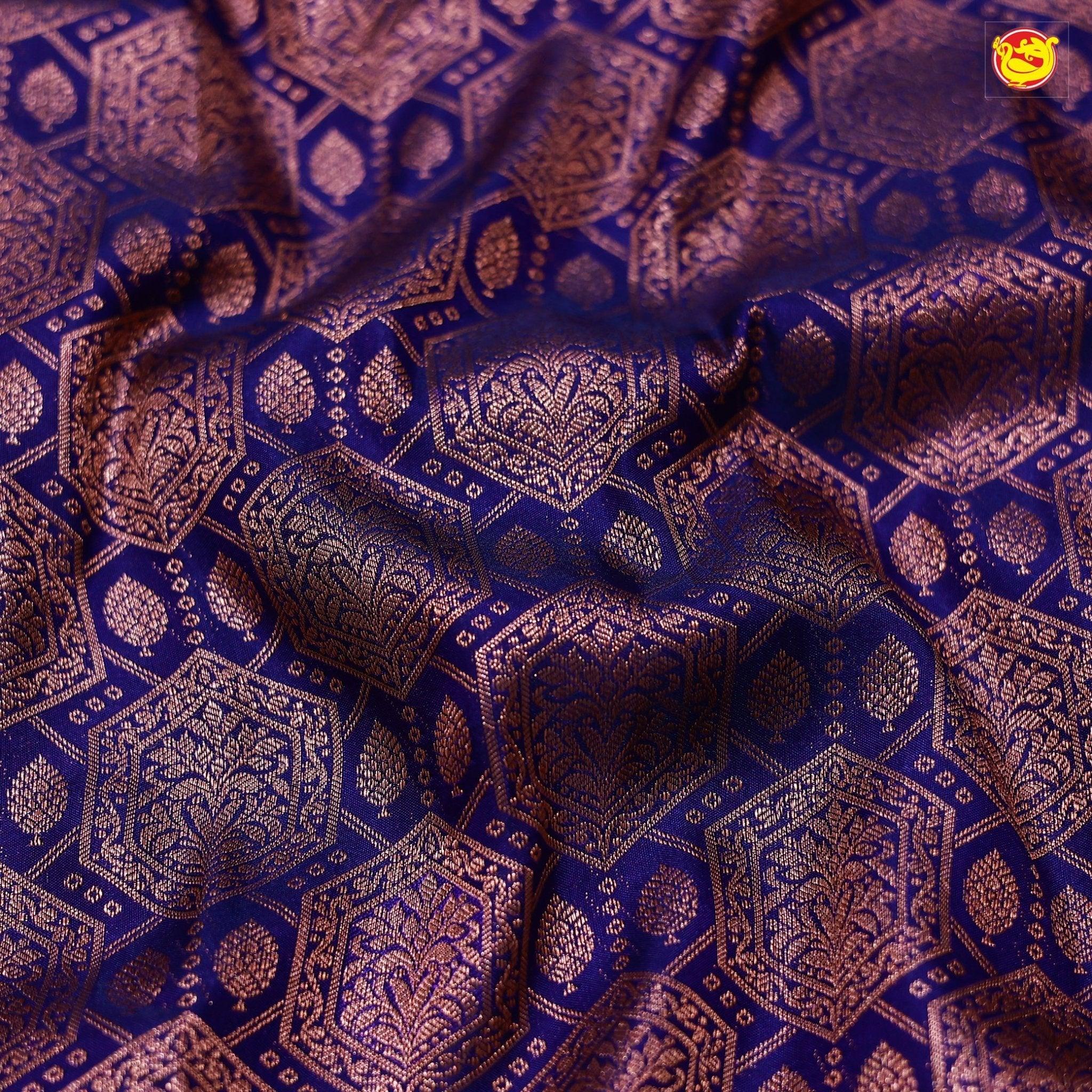 Navy Blue with Pink Buttas Motifs Copper Zari Long Border Pure Kanjivaram Wedding Silk Saree - Thenianantham