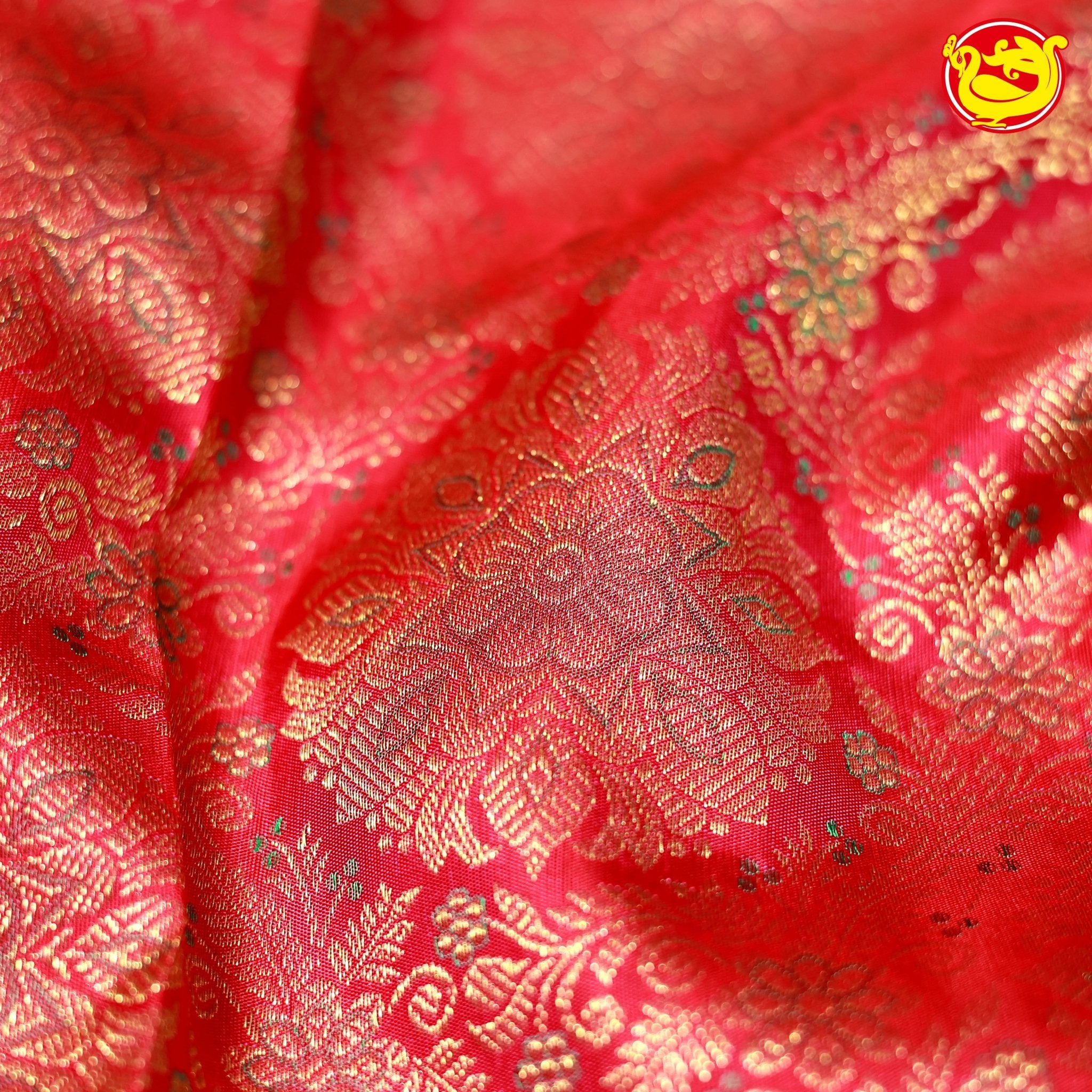 Pinkies Red Circle Floral Motifs Gold Zari Long Border Pure Kanjivaram Subhalaya Wedding Silk Saree - Thenianantham