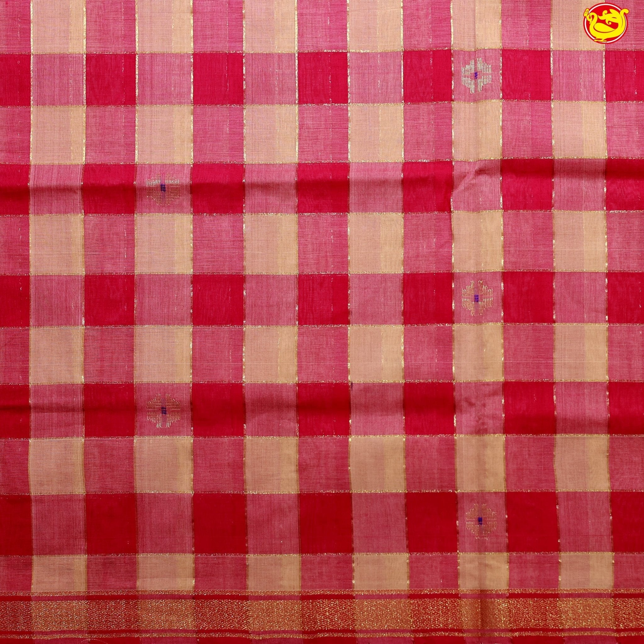 Pink with cream Checked Gold Zari Border Black Floral Pallu Venkatagiri Pure Cotton without Blouse - Thenianantham