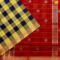 Black with Yellow Checked Gold Zari Border Maroon Floral Pallu Venkatagiri Pure Cotton without Blouse - Thenianantham